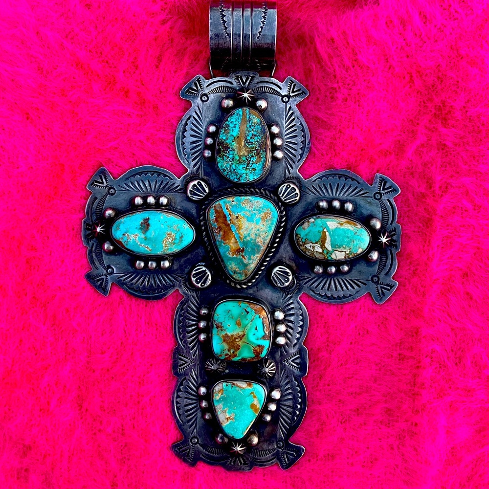 ⭐️Navajo Sterling Silver Royston Turquoise cross pendant Exquisite work of art - Picture 4 of 10